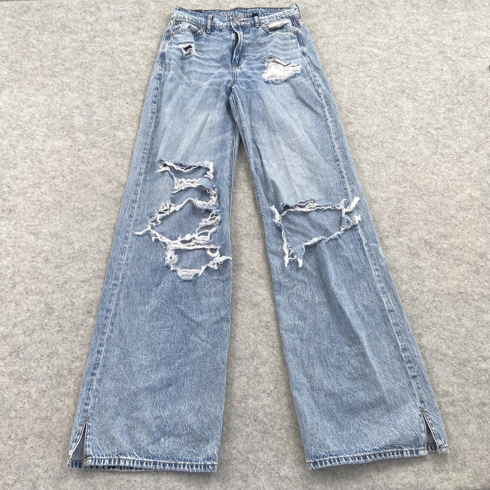 American Eagle Outfitters Wide Leg Jeans Womens 00 Tall (26x33) Blue Distressed